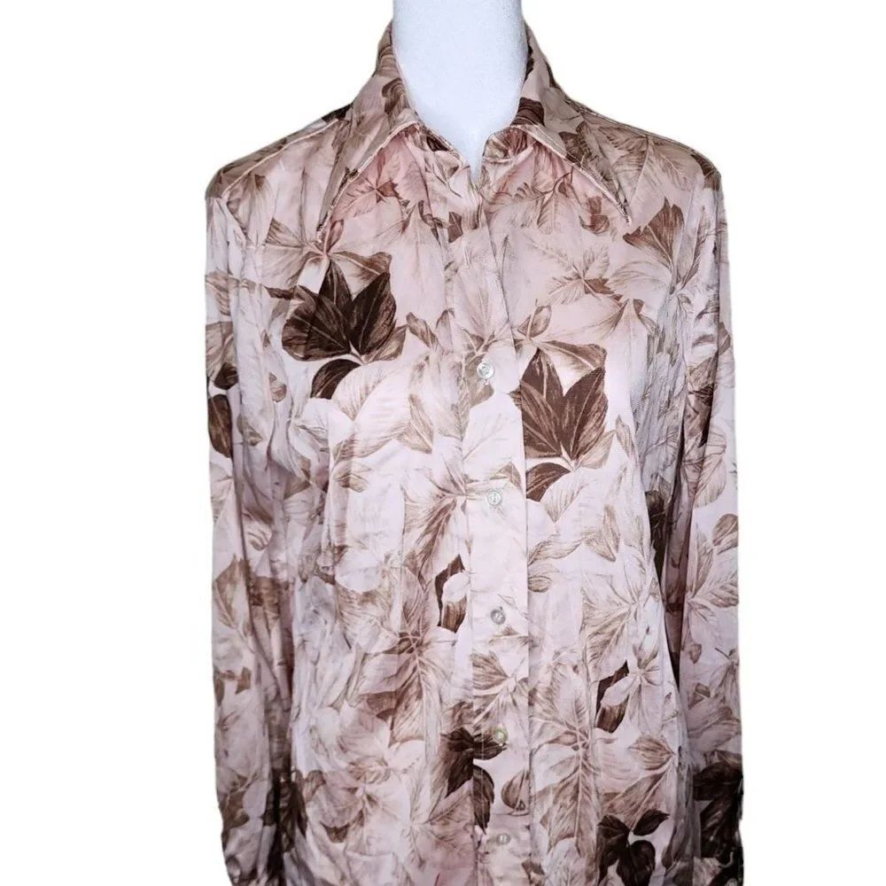Vintage 70s Disco Blouse Button Up Shirt Womens Size L Pink Brown Floral Dagger